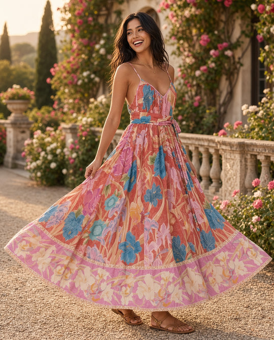 Model wearing the Blush Floral Spaghetti Strap Maxi Dress in a rose garden