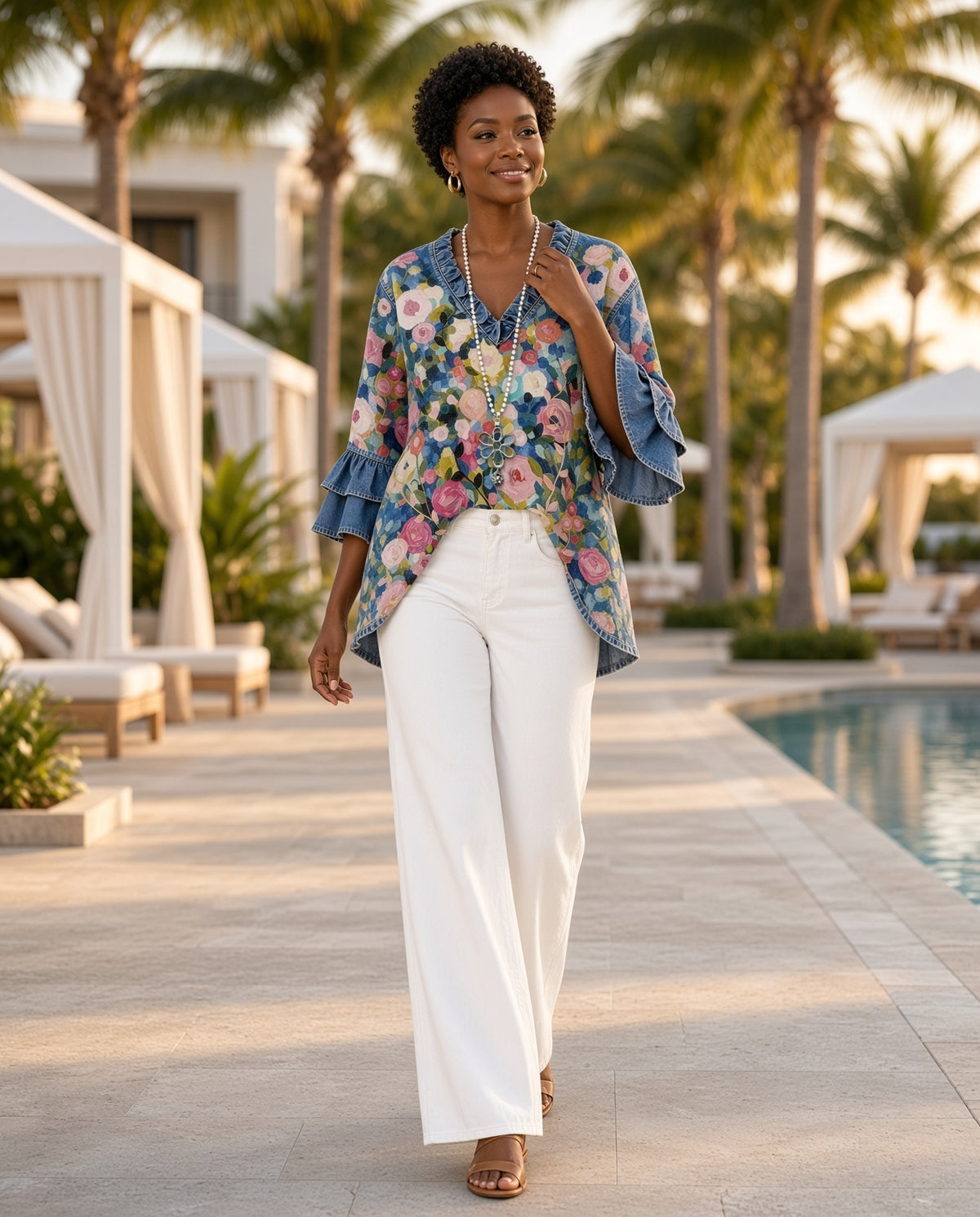 Model wearing the Floral Ruffle-Trim Denim Top by a resort pool
