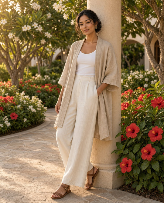 Model wearing the Hanalei Crinkled Linen Kimono Cardigan in a plumeria and hibiscus garden