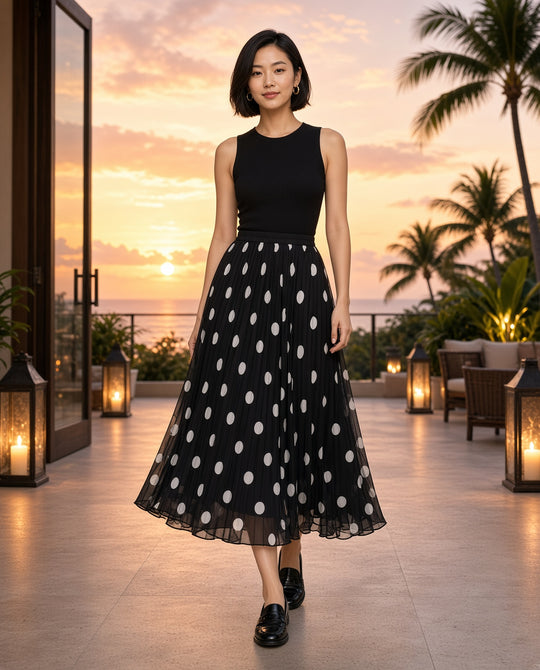 Model wearing the SoHo Polka-Dot Pleated Maxi Skirt on a candlelit terrace at sunset