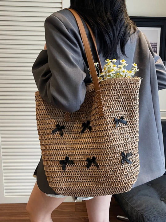Woven Straw Bow Handbag in Caramel