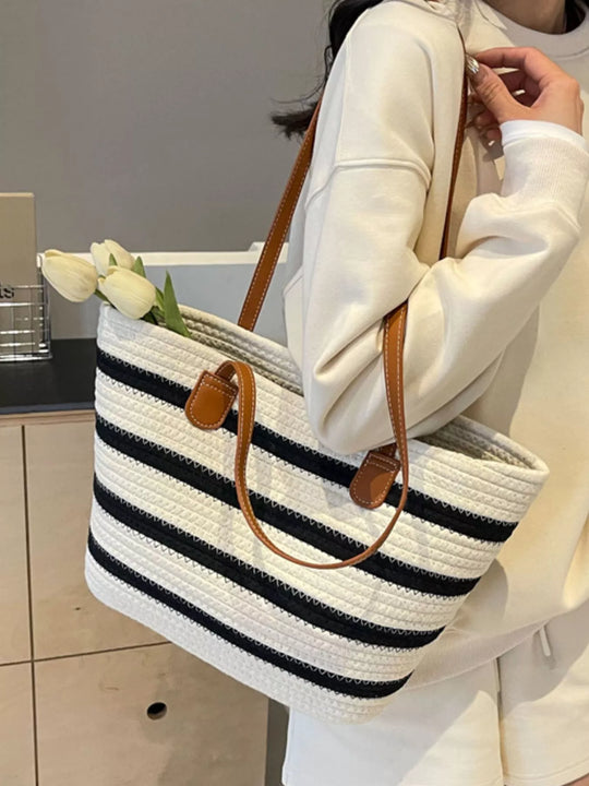 Striped Straw Tote in Beige