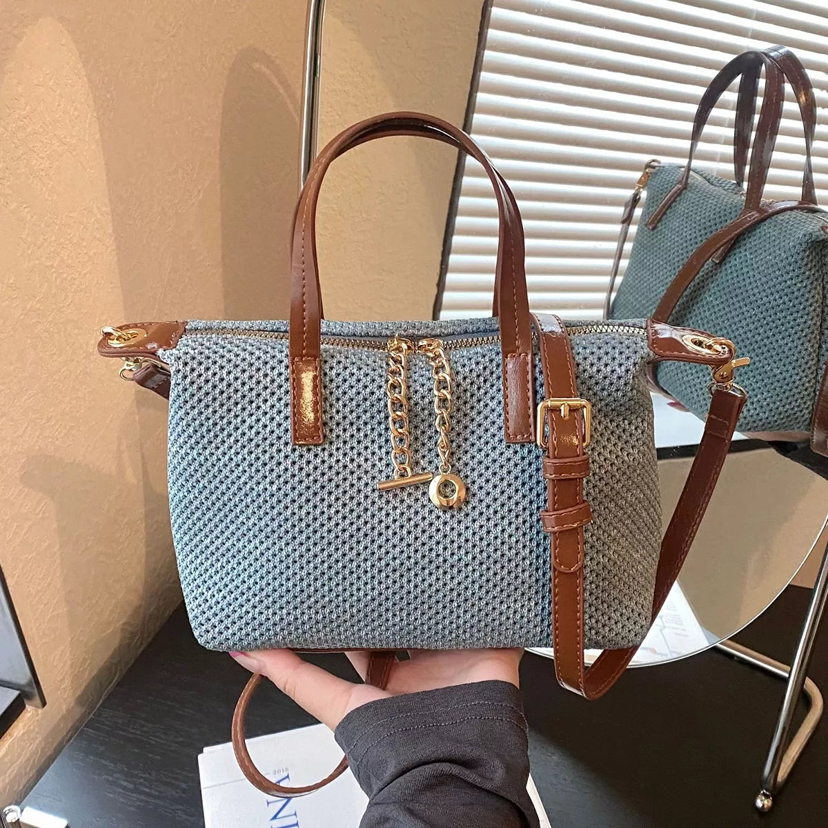 Woven Crossbody Bag with Leather Accents in Blue