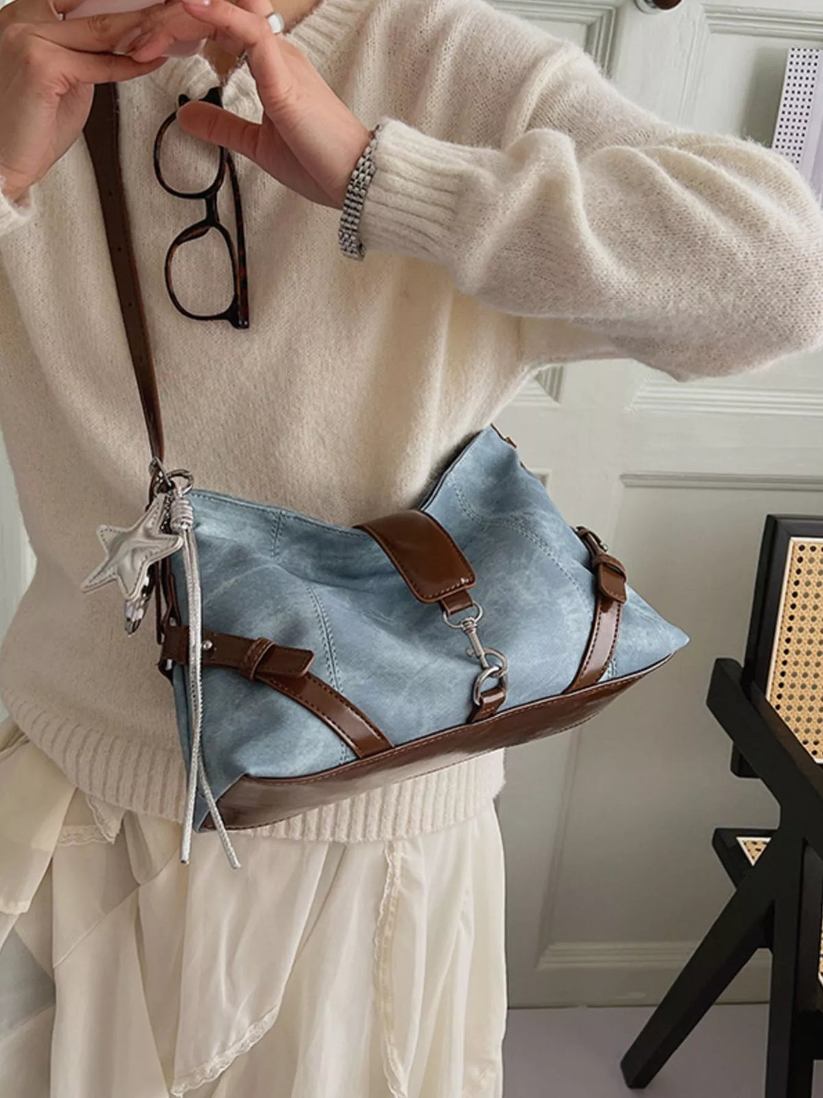 Washed Denim-Look Crossbody Bag in Light Blue