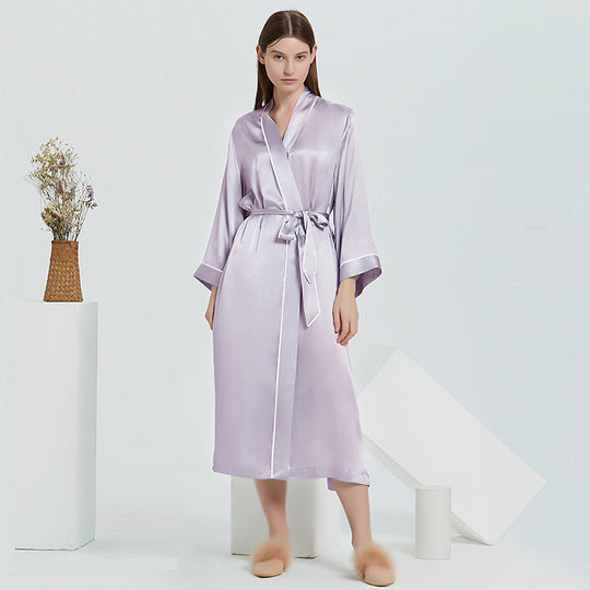 Long Mulberry Silk Lounge Robe in Taro Purple
