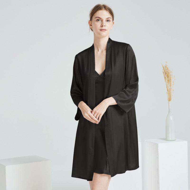 Classic Mulberry Silk Robe & Camisole Set in Black