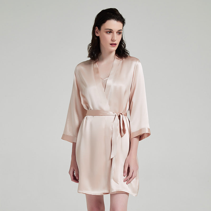 Embroidered Mulberry Silk Robe & Camisole Set in Light Apricot