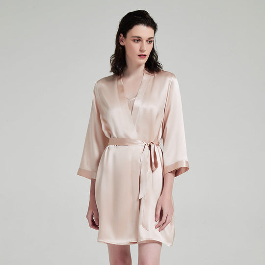 Embroidered Mulberry Silk Robe & Camisole Set in Light Apricot