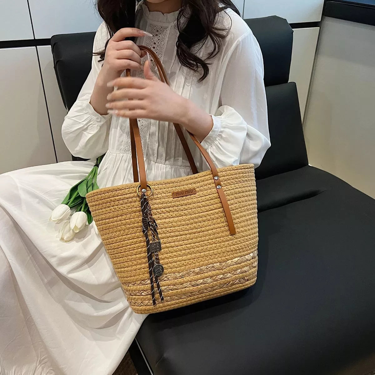 Woven Straw Tote with Leather Straps in Khaki Color