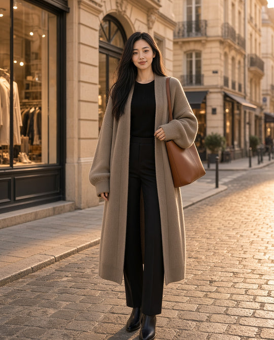 Model wearing the Alpaca-Blend Long Knit Sweater Coat in Khaki on a cobblestone city street lined with boutiques at golden hour
