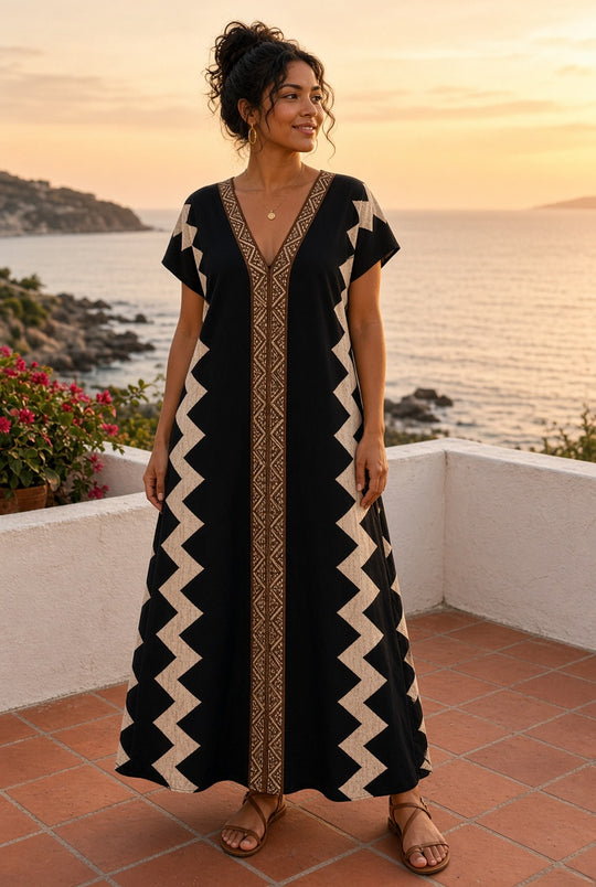 Model wearing the Breezy Batik-Print Maxi Dress in Black on a coastal terrace