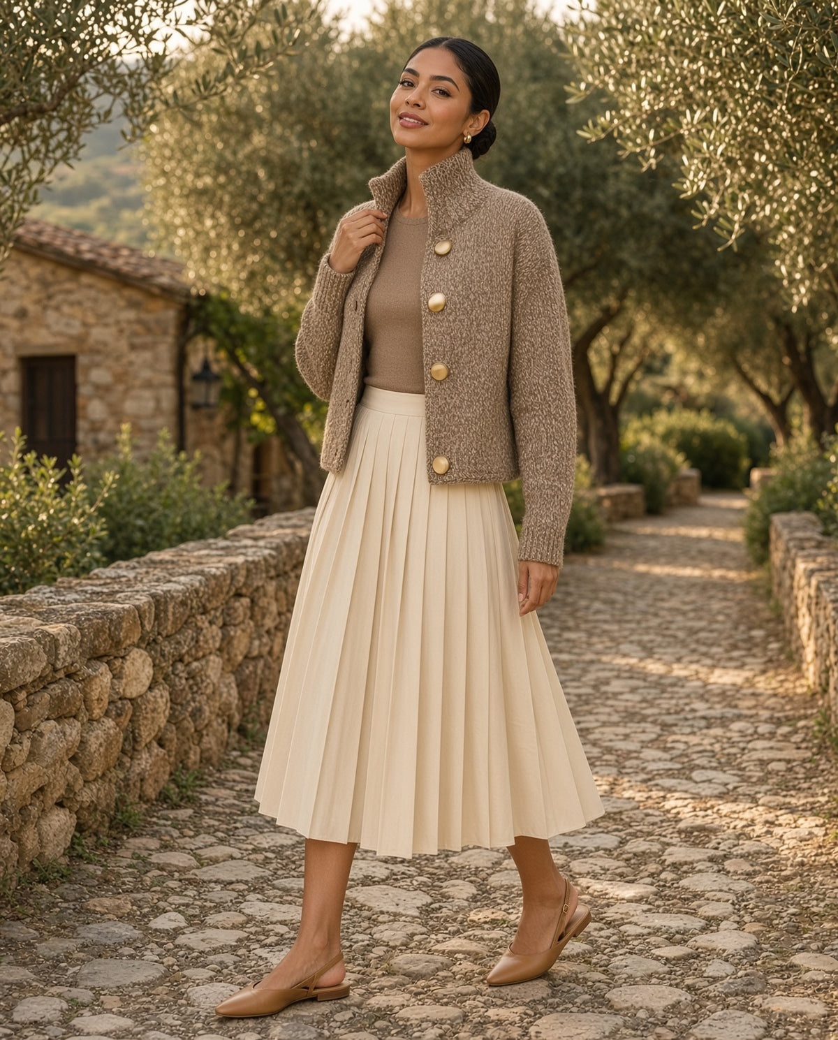 Model wearing the Heathered Gold Button Cardigan in Camel on a Tuscan olive grove path