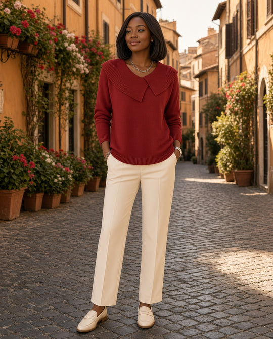 Model wearing the Collared Oversized Knit Sweater in Burgundy on a cobbled old-town street in Rome