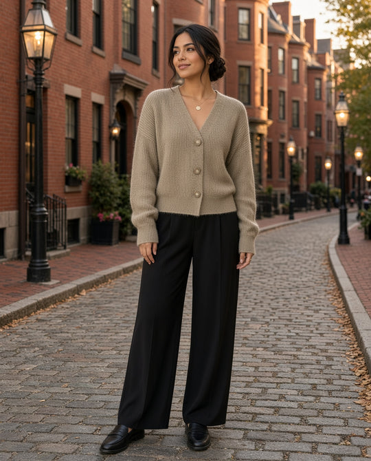 Model wearing the Everyday V-Neck Button Cardigan in Khaki on a Boston Beacon Hill street