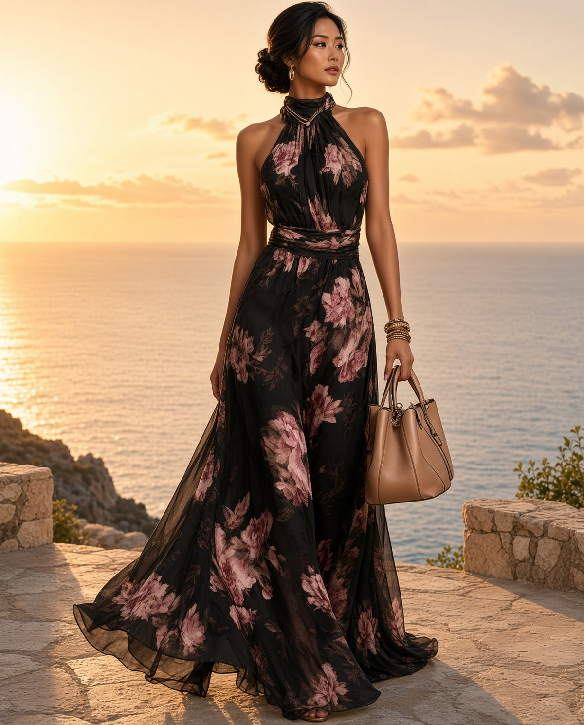 Model wearing the Halona Floral Tiered Sleeveless Maxi Dress in Black on a coastal terrace