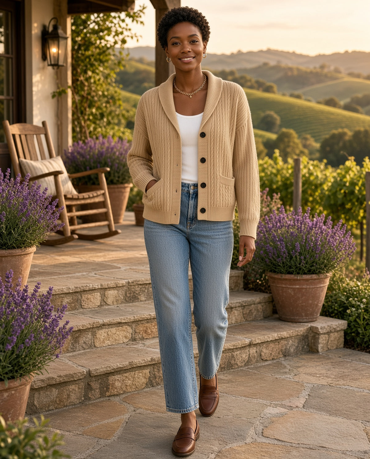 Model wearing the Shawl Collar Cable Knit Cardigan in Khaki on a sunny Sonoma porch