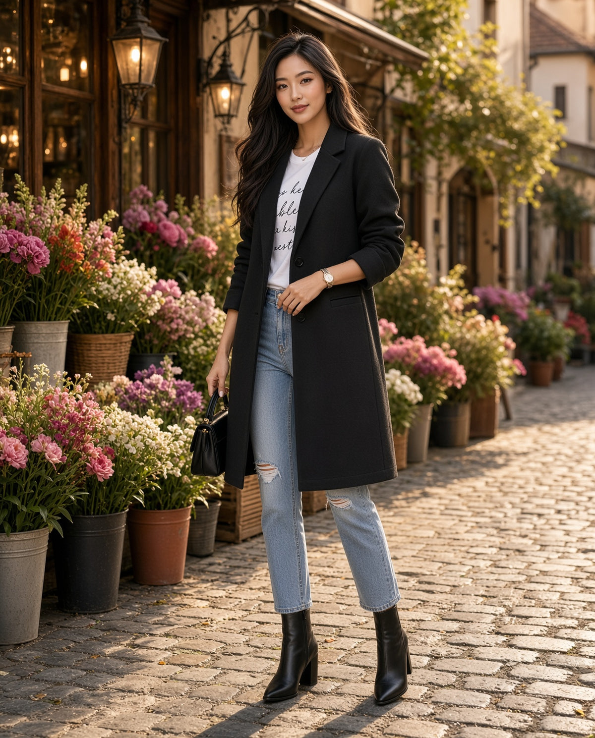 Model wearing the Lapel-Collar Button-Front Coat in Black on a cobblestone street by a bookshop and flower shop