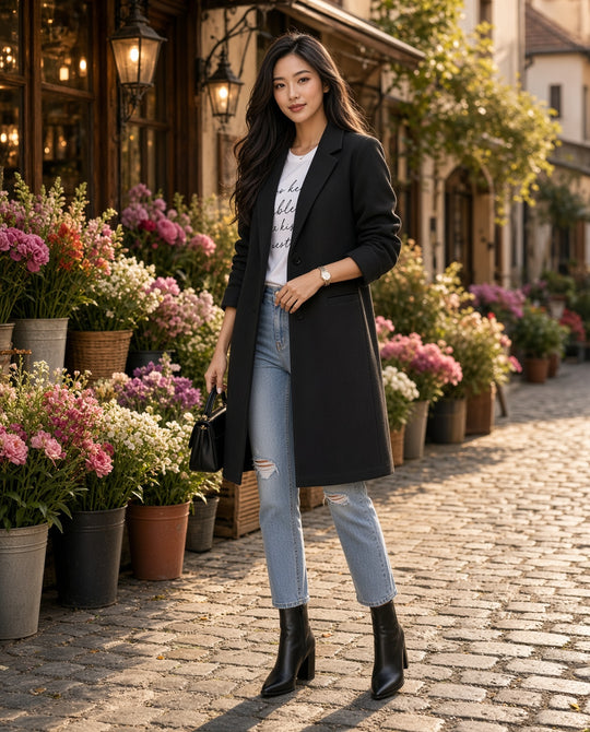 Model wearing the Lapel-Collar Button-Front Coat in Black on a cobblestone street by a bookshop and flower shop