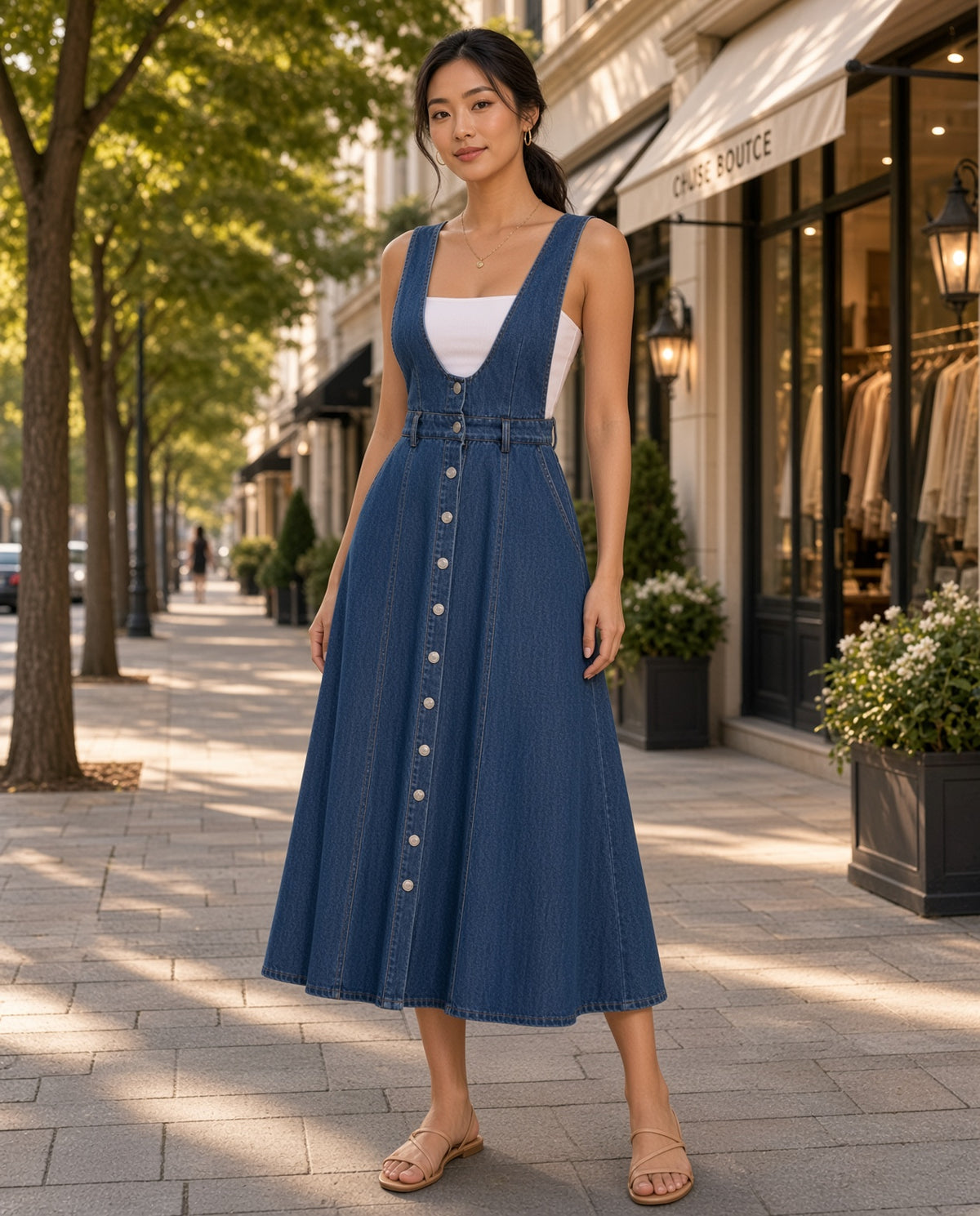 Model wearing the Manoa Button-Front Denim Overall Midi Dress in Blue on a tree-lined city boulevard by a boutique
