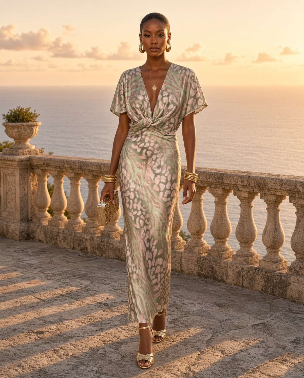 Model wearing the Nela Flowy Wrap Maxi Dress in Green on a coastal terrace