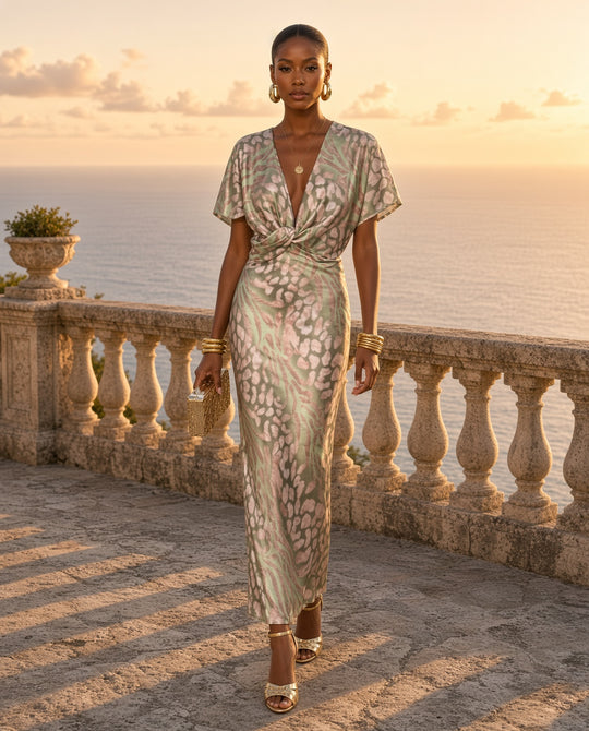 Model wearing the Nela Flowy Wrap Maxi Dress in Green on a coastal terrace