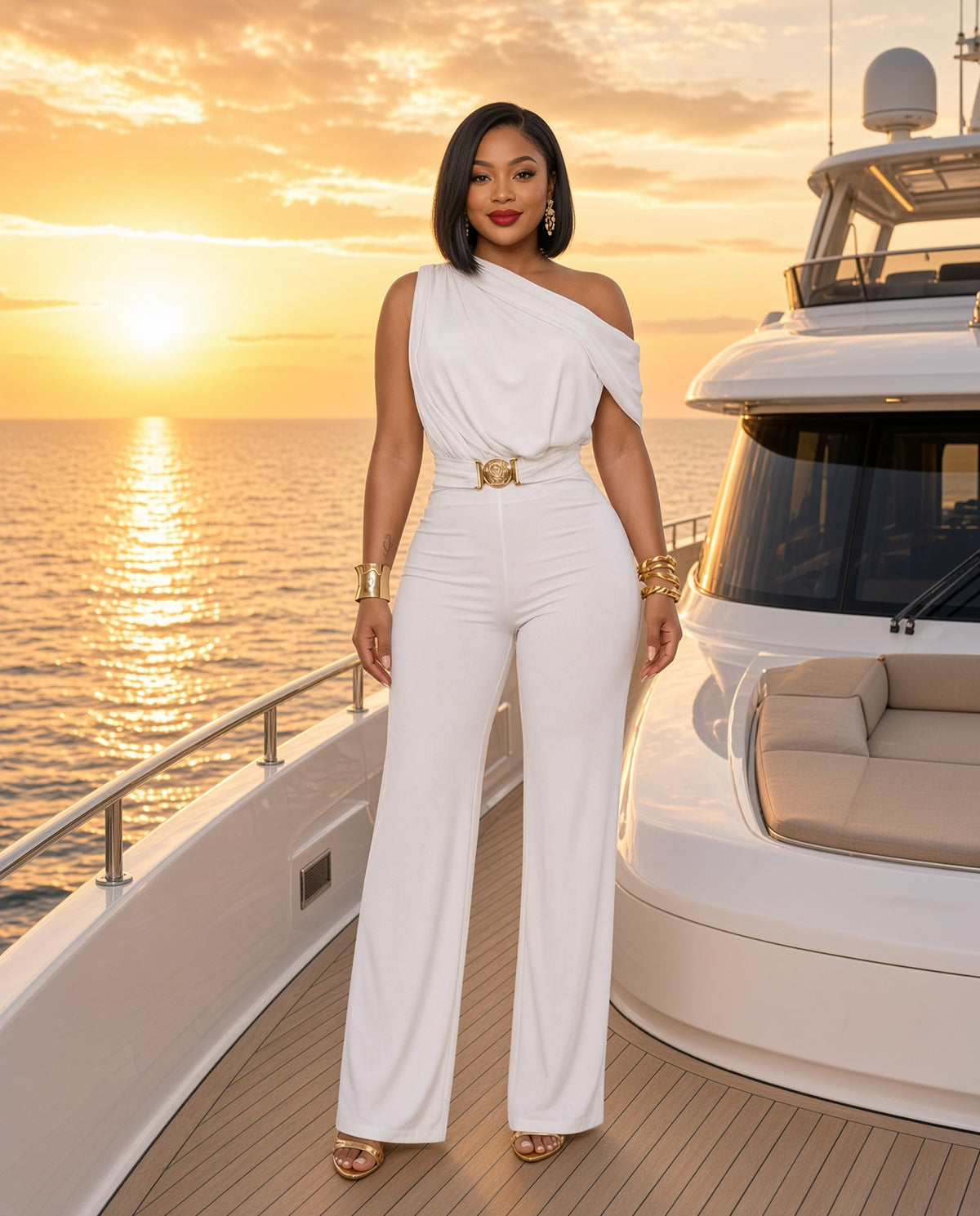 Model wearing the One-Shoulder Draped Wide-Leg Jumpsuit in White on a yacht aft deck at sunset