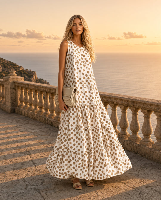 Model wearing the Poipu Polka Dot Tiered Maxi Dress in Beige on a coastal terrace