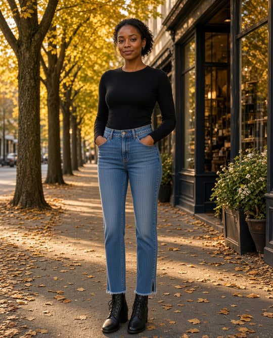 Model wearing the Stetson 915 High-Rise Straight Crop Jeans in Medium Wash on a tree-lined autumn boulevard at golden hour