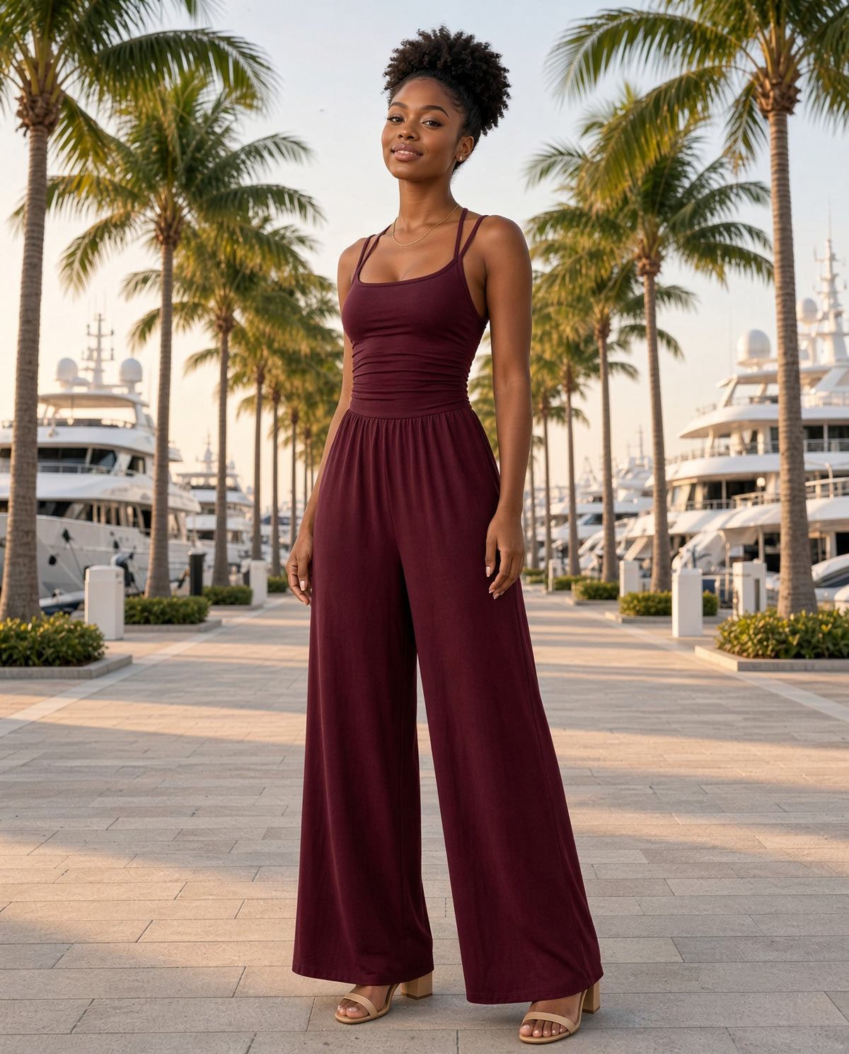 Model wearing the Spaghetti-Strap Wide-Leg Jumpsuit in Wine Red on a palm-lined harbor promenade at golden hour