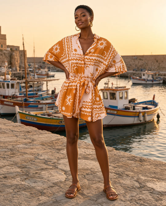 Model wearing the Printed Tie-Waist Half-Sleeve Romper in Gold on a harbor-side stone quay