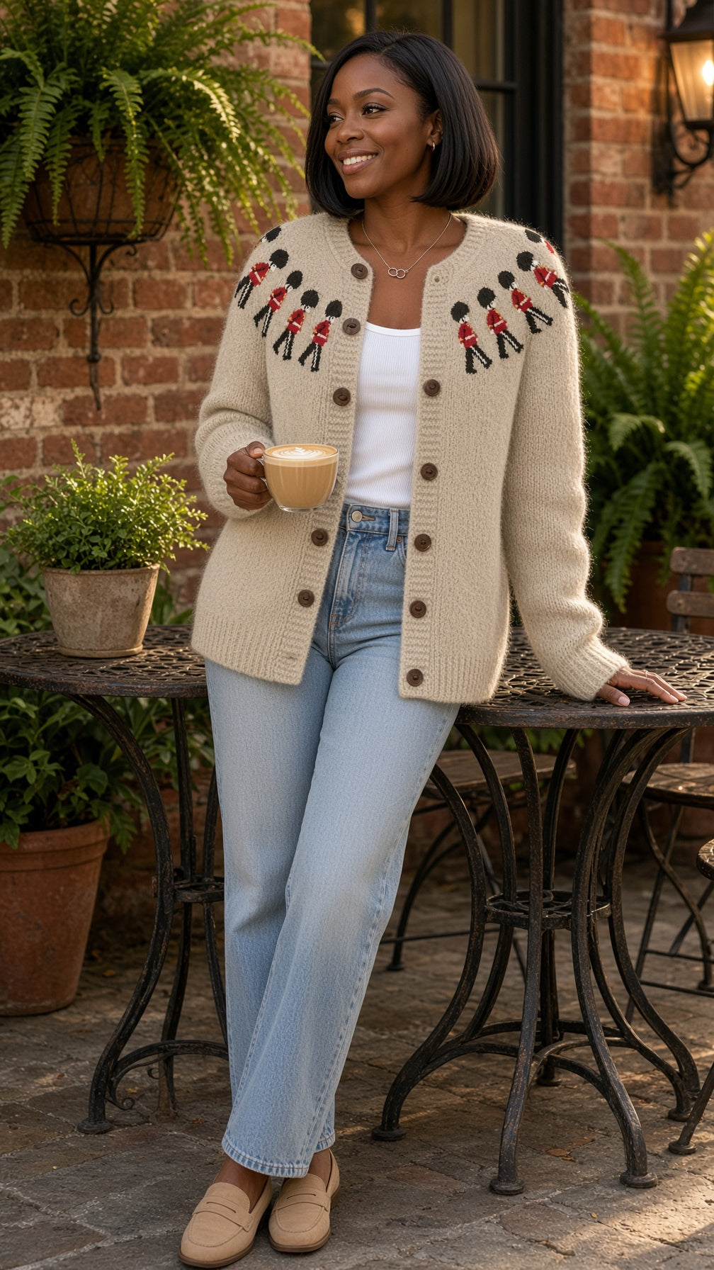 Model wearing the British Guard Pattern Knit Cardigan in Tan in a Savannah courtyard cafe