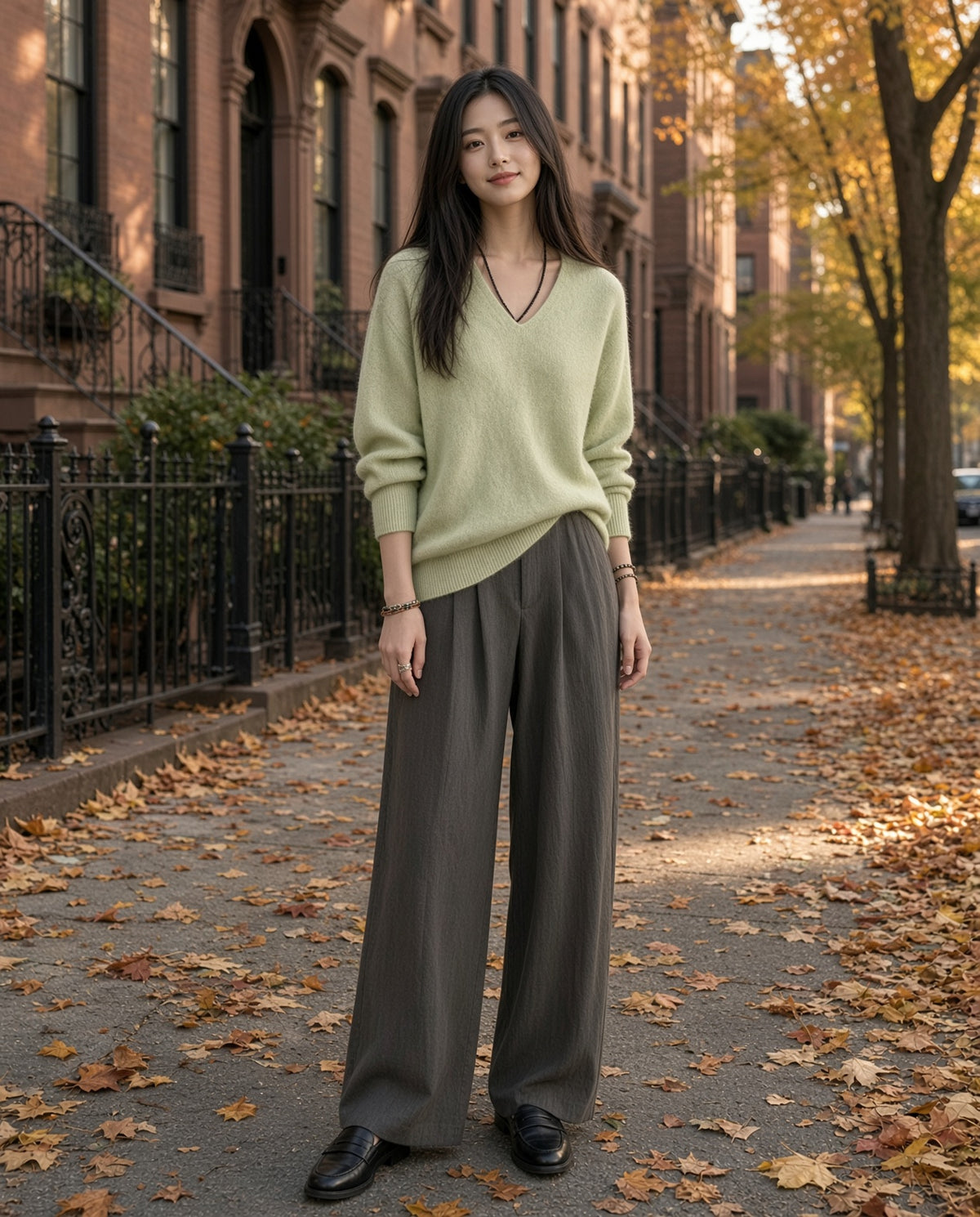 Model wearing the Wool, Silk & Cashmere V-Neck Sweater in Avocado Green on a tree-lined brownstone street in autumn