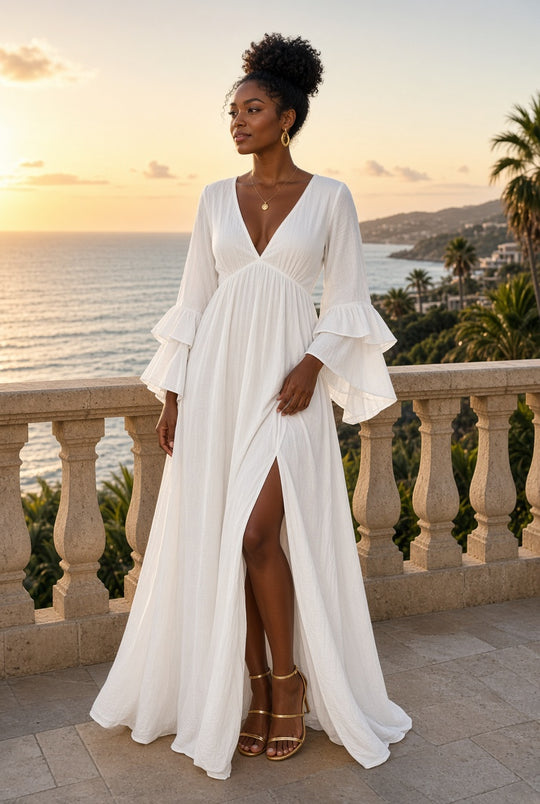 Model wearing the Wailea Ruffle-Sleeve High-Slit Maxi Dress in White on a coastal terrace