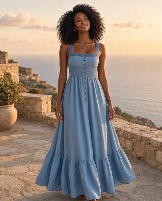 Model wearing the Waimanalo Smocked Denim Maxi Dress on a coastal stone terrace at golden hour