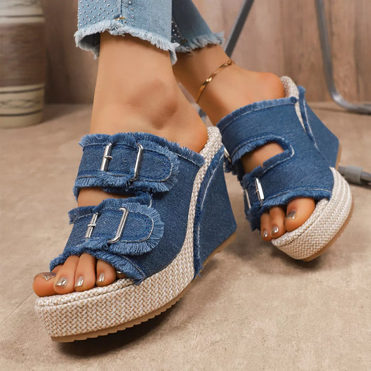 Double-Buckle Denim Wedge Sandals in Blue