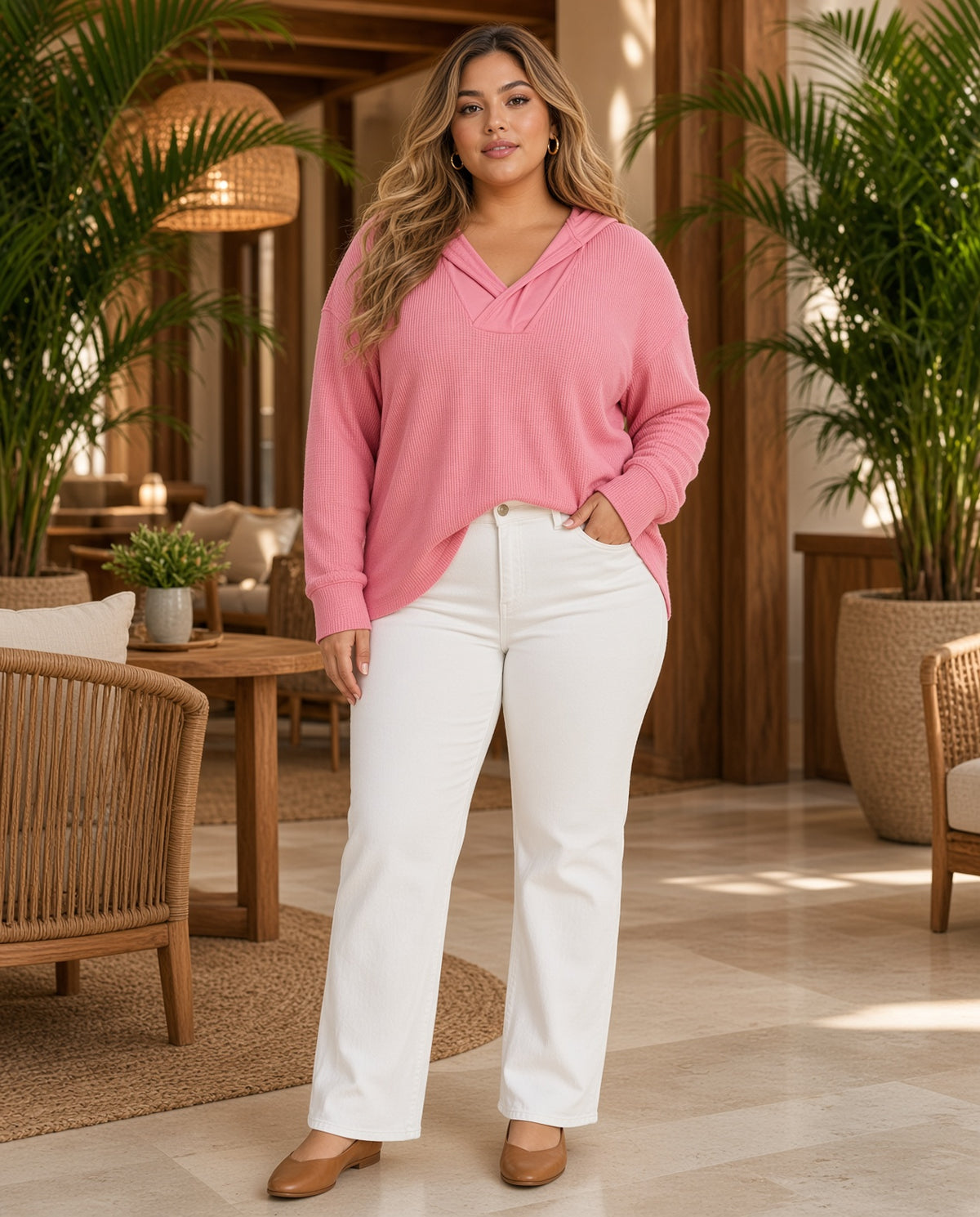 Model wearing the High-Low Dropped-Shoulder Hoodie in pink with white pants in a resort lobby