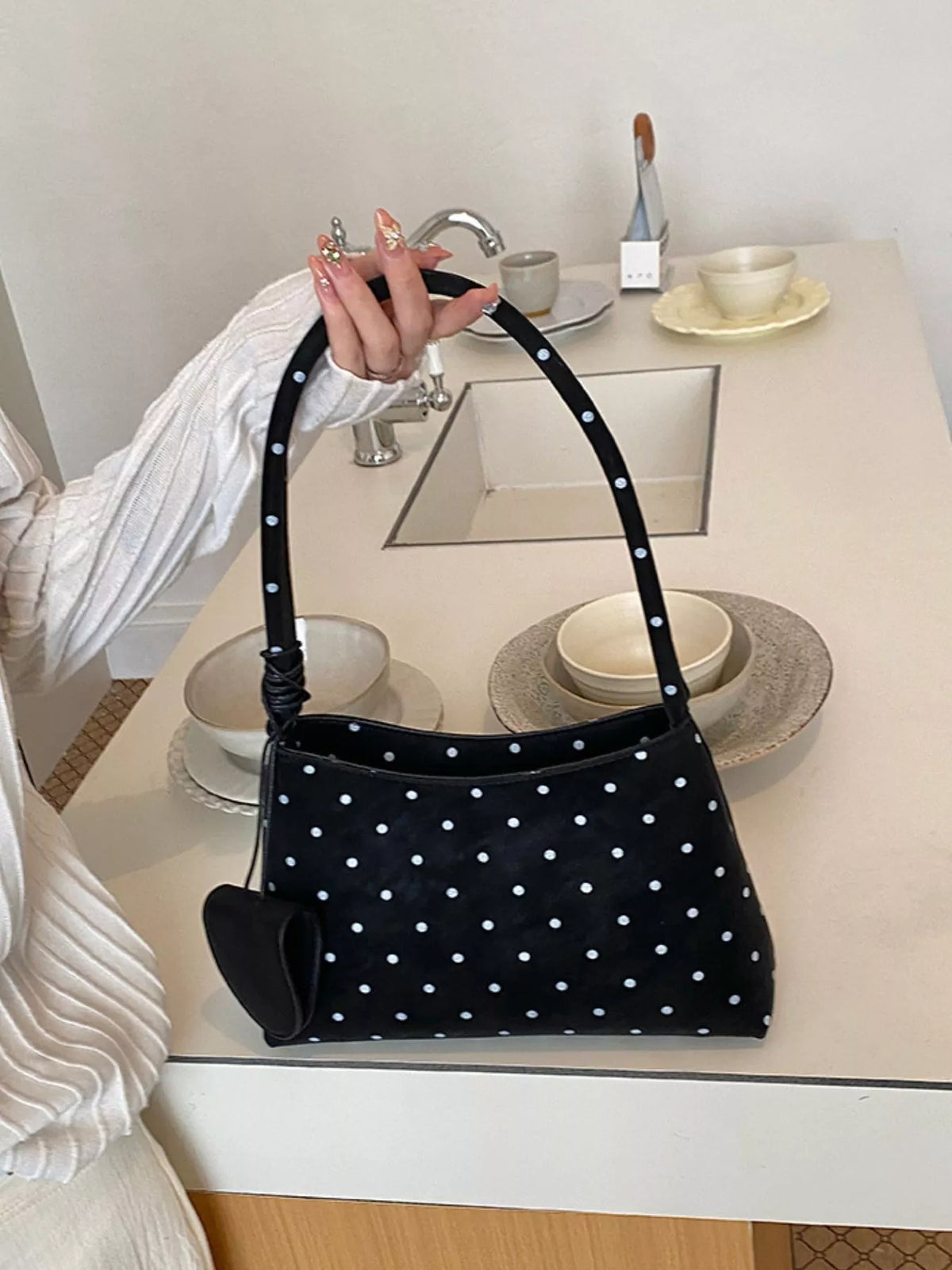 Polka Dot Shoulder Bag in Black, Pink