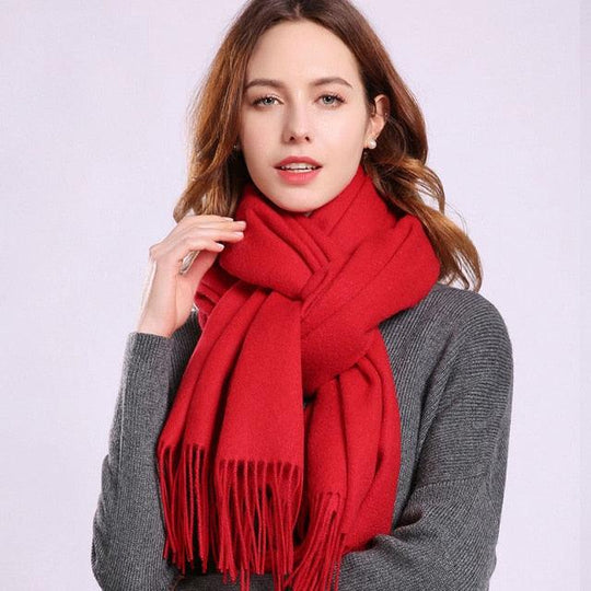 Oversized Wool Tassel Scarf in Red